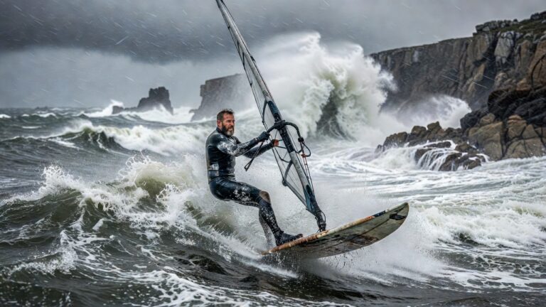 Windsurf extrême : un surfeur affronte les vagues déchaînées de la tempête Ciaran en Bretagne